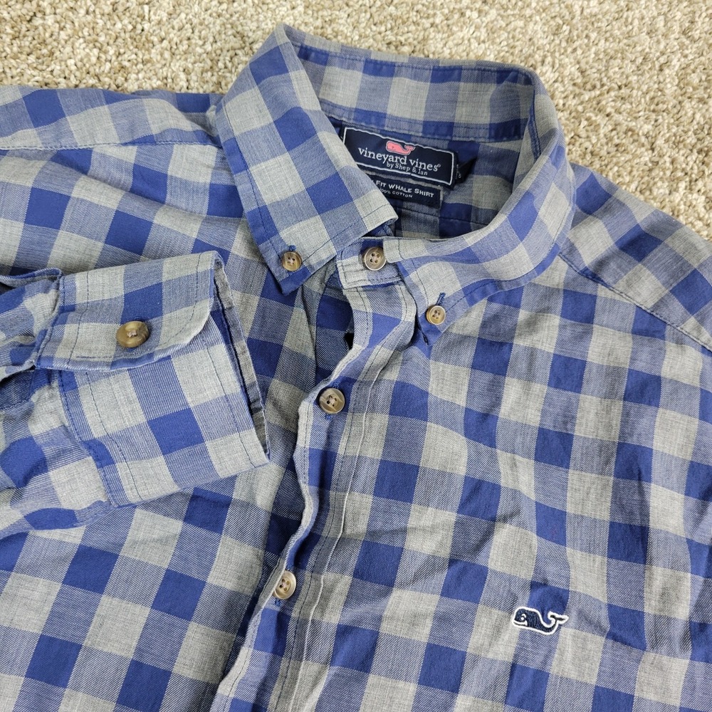 Vineyard Vines Slim Fit Whale Shirt Mens‎ Medium Blue Gray Check Button Down LS